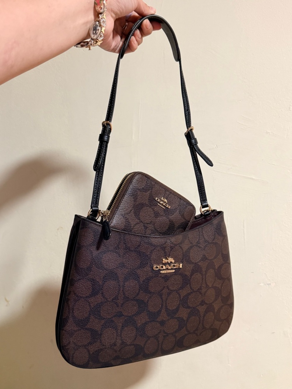 Coach Brown Signature Canvas Shoulder Bag with Black Strap